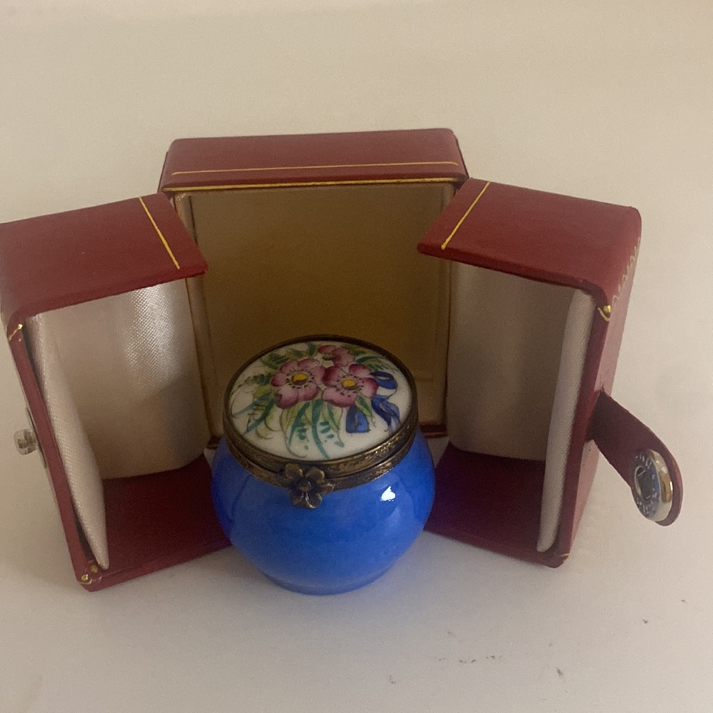 Limoges box, blue with floral hand painted top. Vintage, case included.